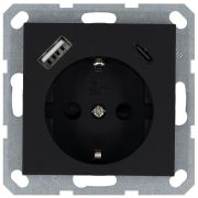Розетка Shuko 16А с заземл. защ. шторки с 2-мя заряд. устройствами USB тип A+C 25Вт механизм черн. матов. soft touch Jasmart G5501USB-25PB